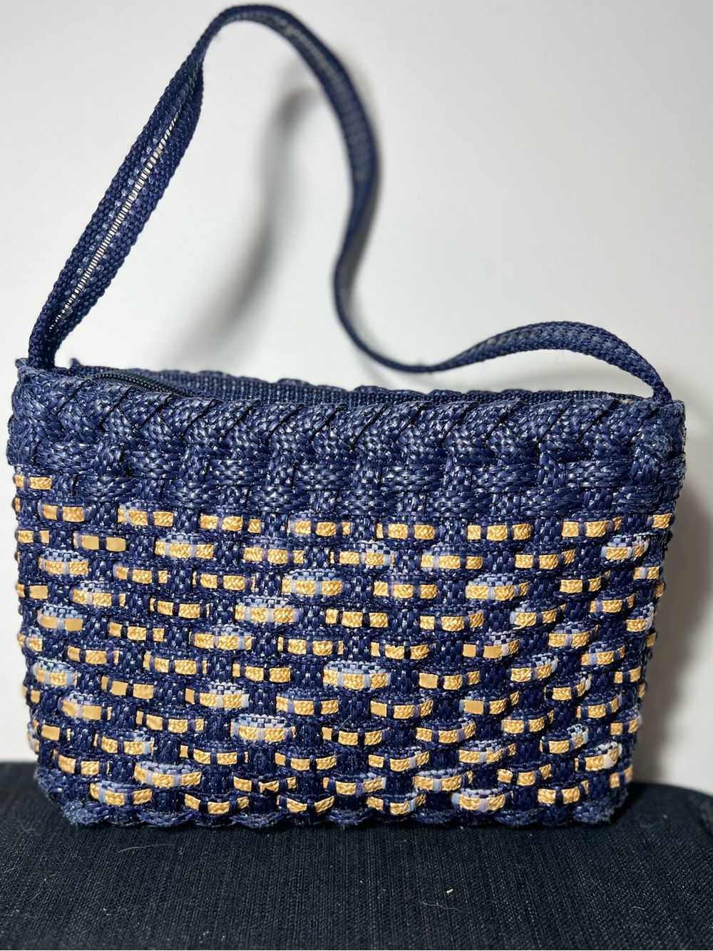 Vintage 60s-70s Italian Handwoven Straw Navy and Gold Shoulder Bag